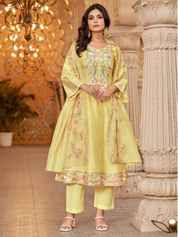 Floral Motif Thread Embroidered Yoke Flared Kurta With Trouser & Embroidered Dupatta